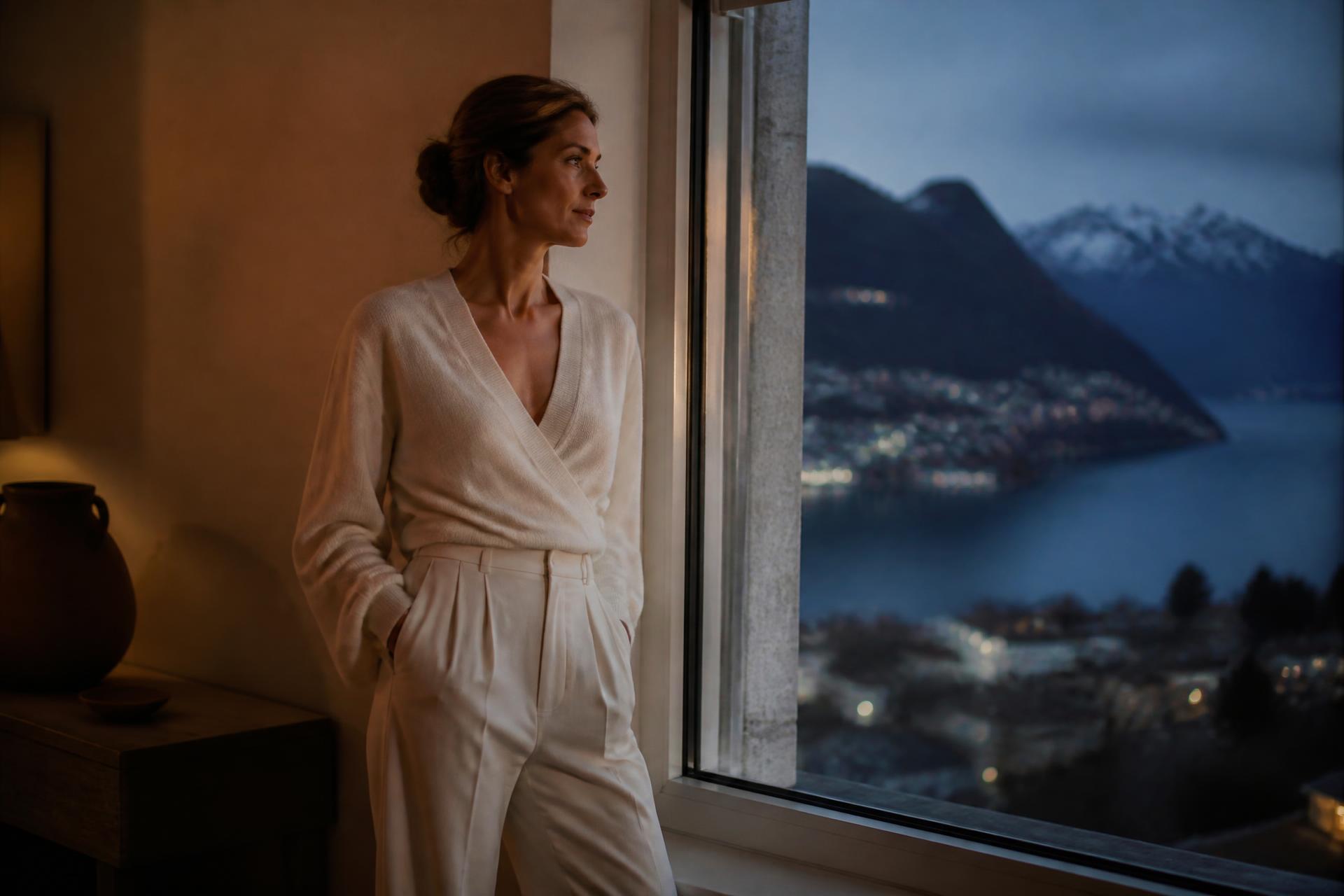 Frau am Fenster in der Abenddämmerung